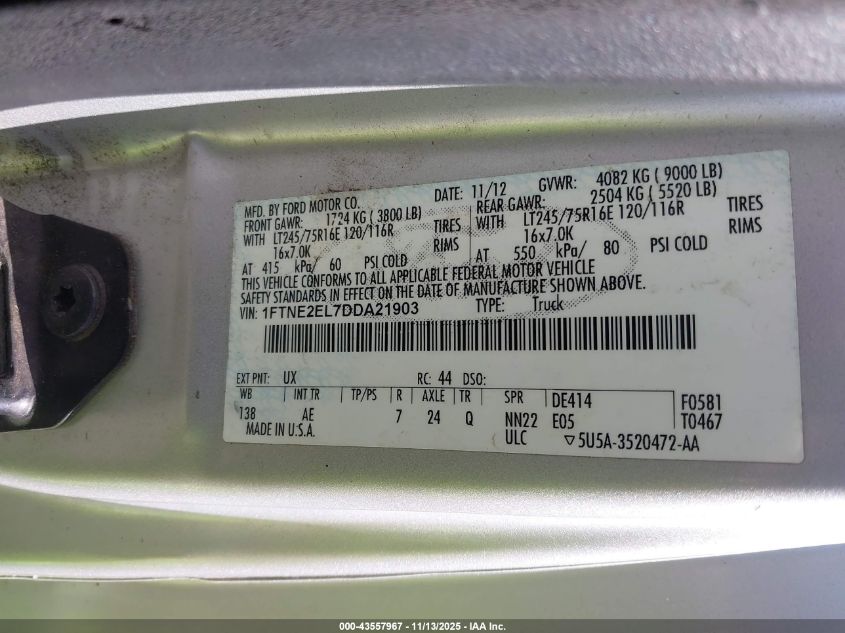 2013 Ford E-250 Commercial VIN: 1FTNE2EL7DDA21903 Lot: 43557967