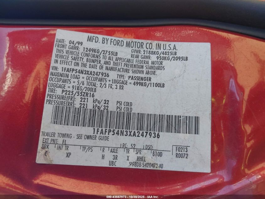 1999 Ford Taurus Sho VIN: 1FAFP54N3XA247936 Lot: 43557973