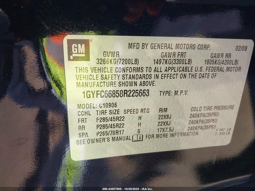 2008 Cadillac Escalade Esv Standard VIN: 1GYFC66858R225663 Lot: 43557989