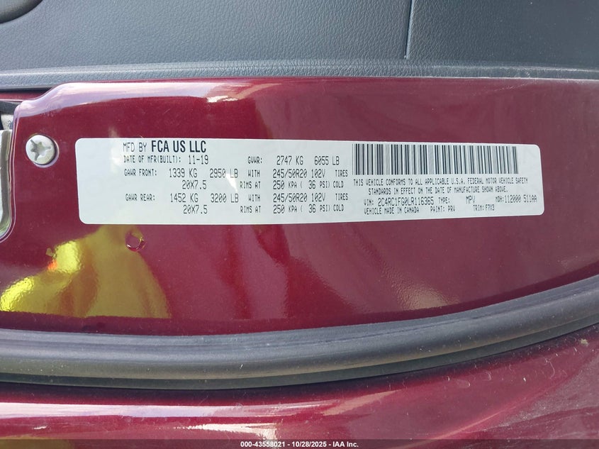 2020 Chrysler Pacifica Touring VIN: 2C4RC1FG0LR116365 Lot: 43558021