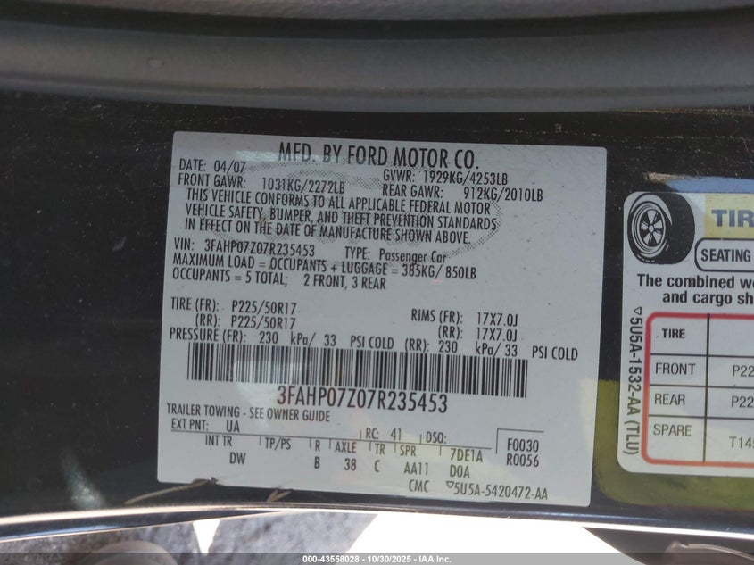 2007 Ford Fusion Se VIN: 3FAHP07Z07R235453 Lot: 43558028