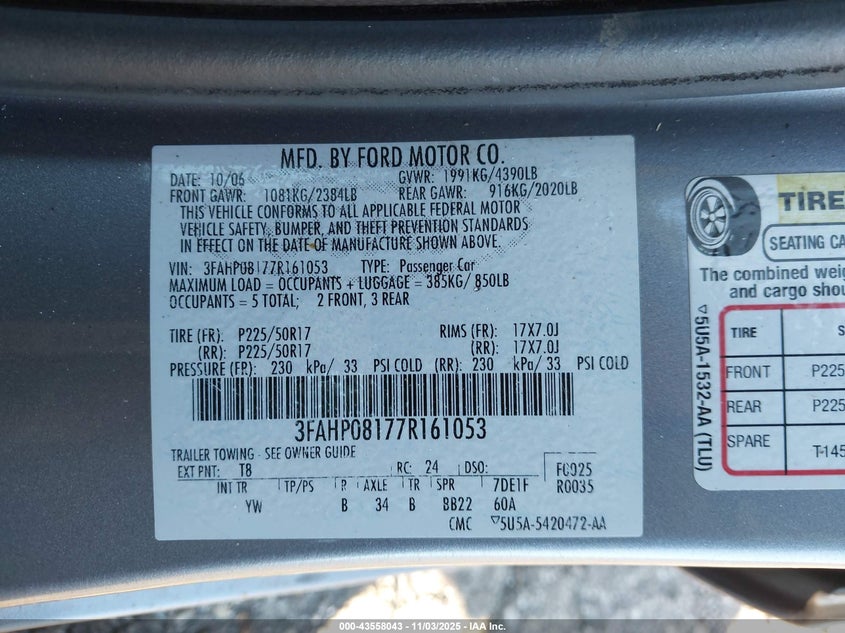 2007 Ford Fusion Sel VIN: 3FAHP08177R161053 Lot: 43558043