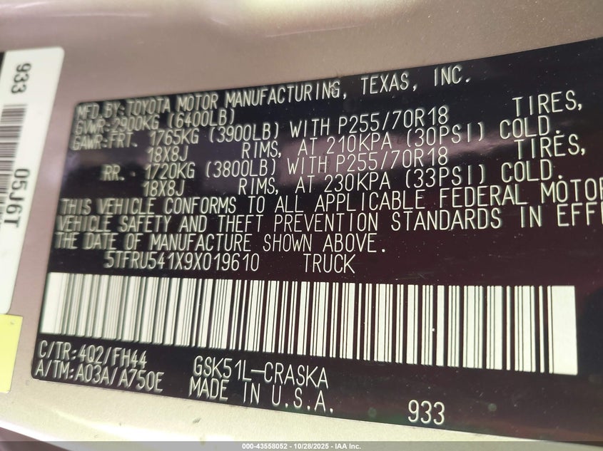 2009 Toyota Tundra Grade V6 VIN: 5TFRU541X9X019610 Lot: 43558052