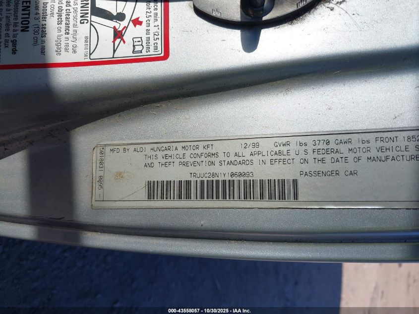2000 Audi Tt VIN: TRUUC28N1Y1060093 Lot: 43558057
