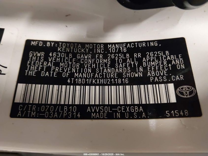 2017 Toyota Camry Hybrid Xle VIN: 4T1BD1FKXHU211816 Lot: 43558061