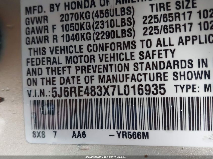 2007 Honda Cr-V Lx VIN: 5J6RE483X7L016935 Lot: 43558077