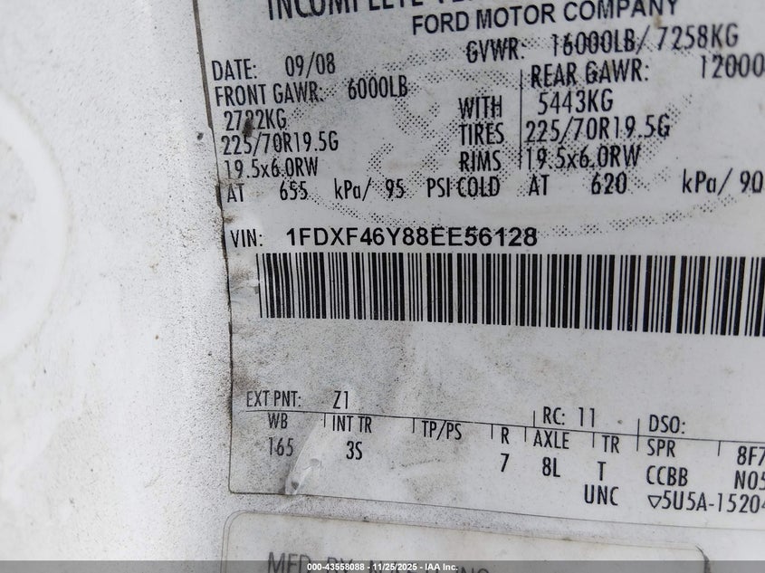 2008 Ford F-450 Chassis Xl/Xlt VIN: 1FDXF46Y88EE56128 Lot: 43558088