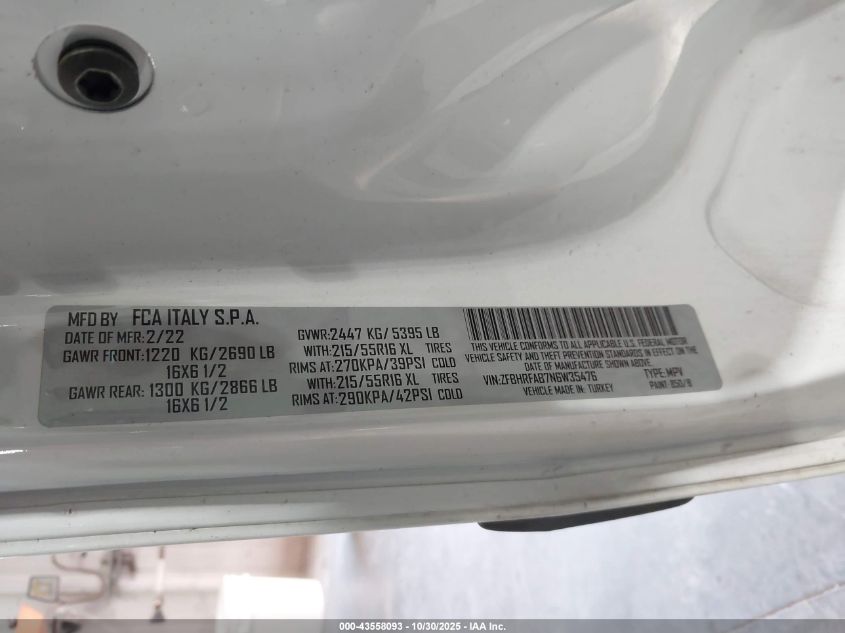 2022 Ram Promaster City Cargo Van VIN: ZFBHRFAB7N6W35476 Lot: 43558093