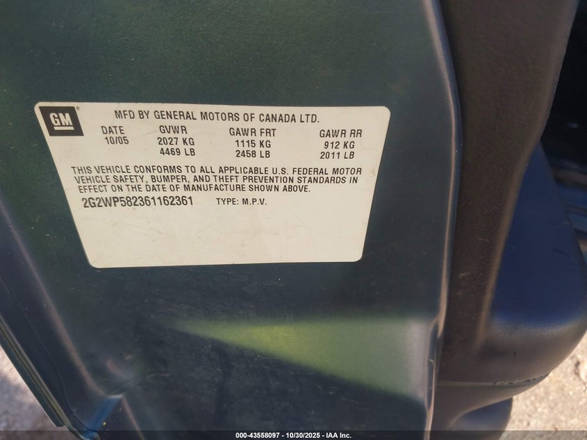 2006 Pontiac Grand Prix VIN: 2G2WP582361162361 Lot: 43558097