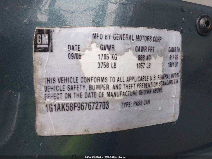 2006 Chevrolet Cobalt Ls VIN: 1G1AK58F967672703 Lot: 43558101
