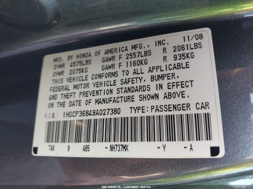 2009 Honda Accord 3.5 Ex-L VIN: 1HGCP36849A027380 Lot: 43558176