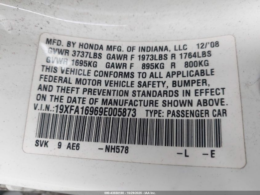 2009 Honda Civic Ex-L VIN: 19XFA16969E005873 Lot: 43558180