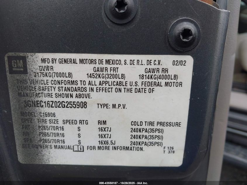 2002 Chevrolet Suburban 1500 Ls VIN: 3GNEC16Z02G255908 Lot: 43558187