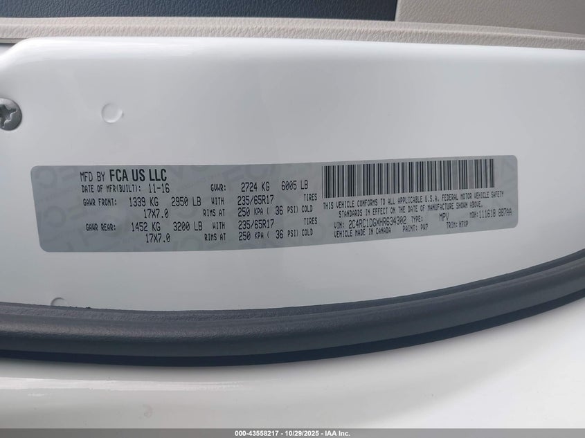 2017 Chrysler Pacifica Touring VIN: 2C4RC1DGXHR634302 Lot: 43558217