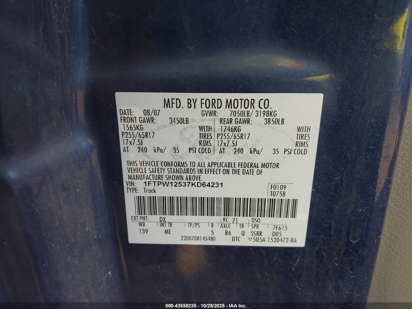 2007 Ford F-150 Fx2/Lariat/Xlt VIN: 1FTPW12537KD64231 Lot: 43558235
