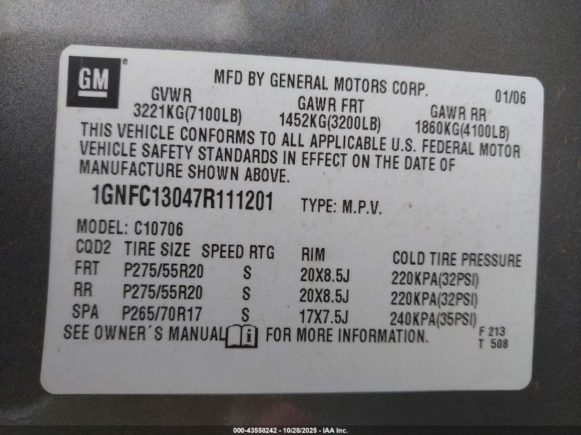 2007 Chevrolet Tahoe Lt VIN: 1GNFC13047R111201 Lot: 43558242
