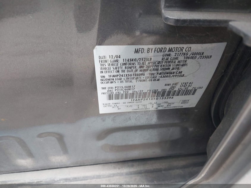 2005 Ford Five Hundred Sel VIN: 1FAHP241X5G133396 Lot: 43558251