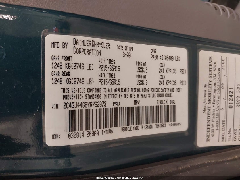 2000 Chrysler Grand Voyager Se VIN: 2C4GJ44G8YR762973 Lot: 43558262