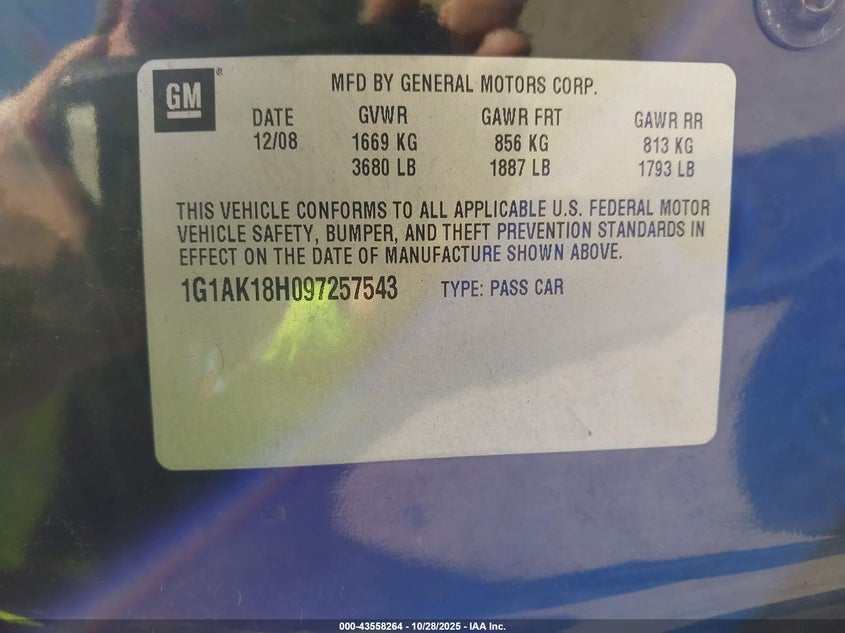 2009 Chevrolet Cobalt Ls VIN: 1G1AK18H097257543 Lot: 43558264