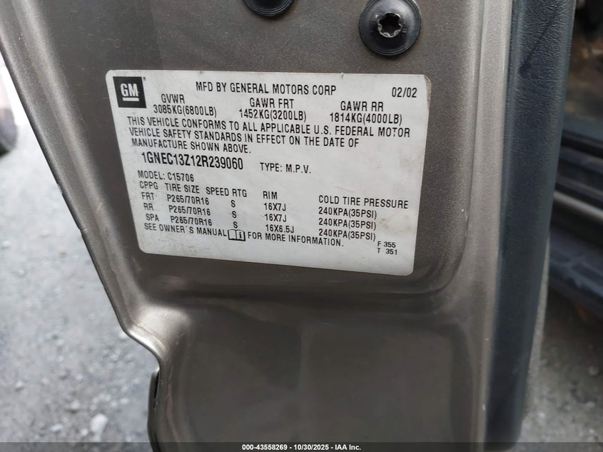 2002 Chevrolet Tahoe Lt VIN: 1GNEC13Z12R239060 Lot: 43558269