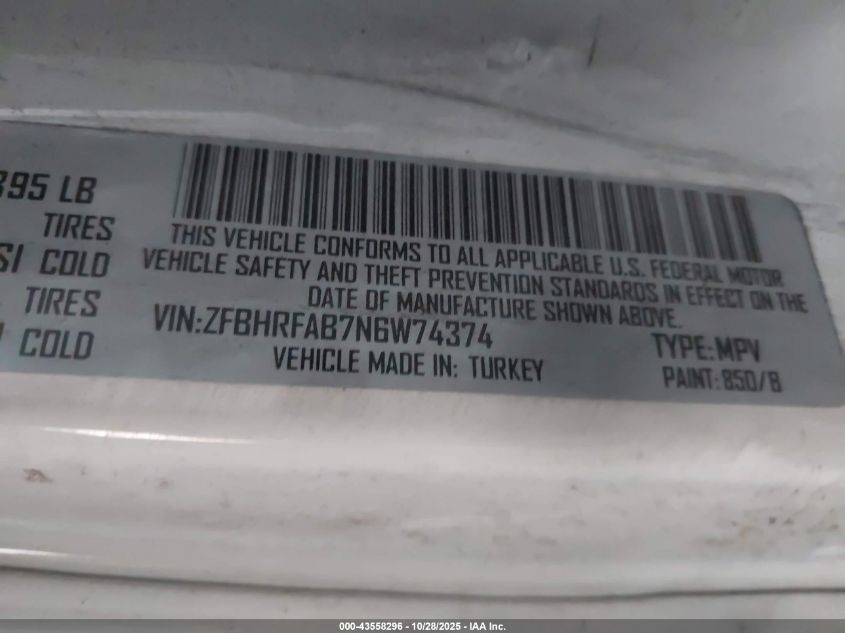 2022 Ram Promaster City Cargo Van VIN: ZFBHRFAB7N6W74374 Lot: 43558296