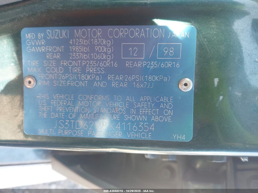 1999 Suzuki Grand Vitara Jlx/Jlx+ VIN: JS3TD62V8X4116354 Lot: 43558310