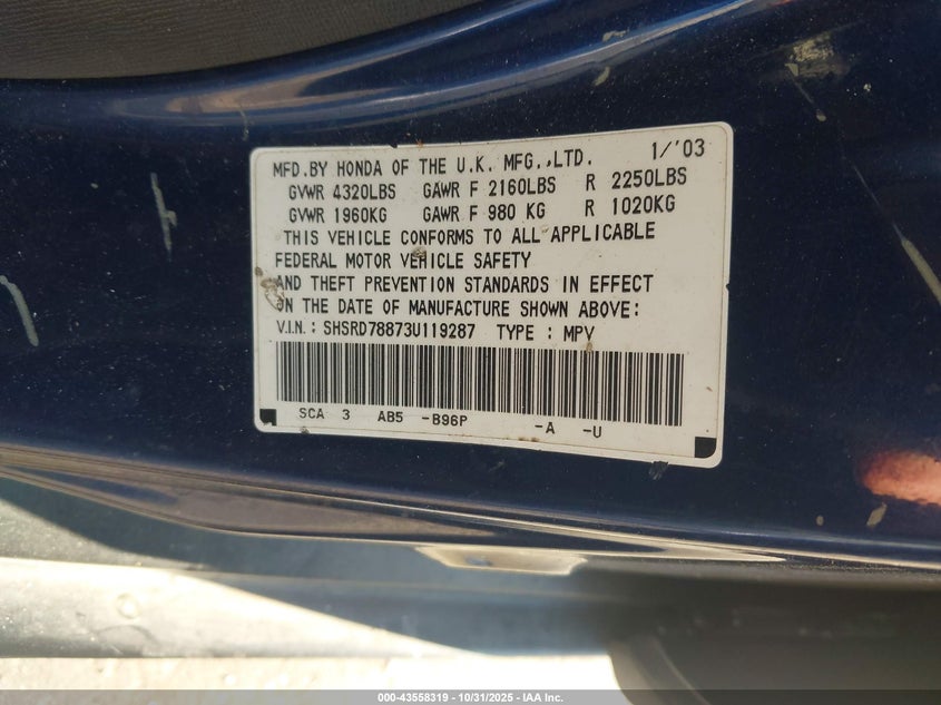 2003 Honda Cr-V Ex VIN: SHSRD78873U119287 Lot: 43558319
