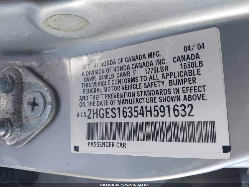 2004 Honda Civic Vp VIN: 2HGES16354H591632 Lot: 43558333