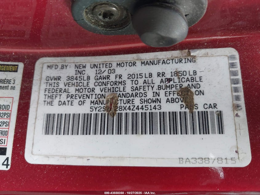 2004 Pontiac Vibe VIN: 5Y2SL628X4Z445143 Lot: 43558358