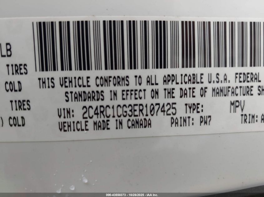 2014 Chrysler Town & Country Touring-L VIN: 2C4RC1CG3ER107425 Lot: 43558373