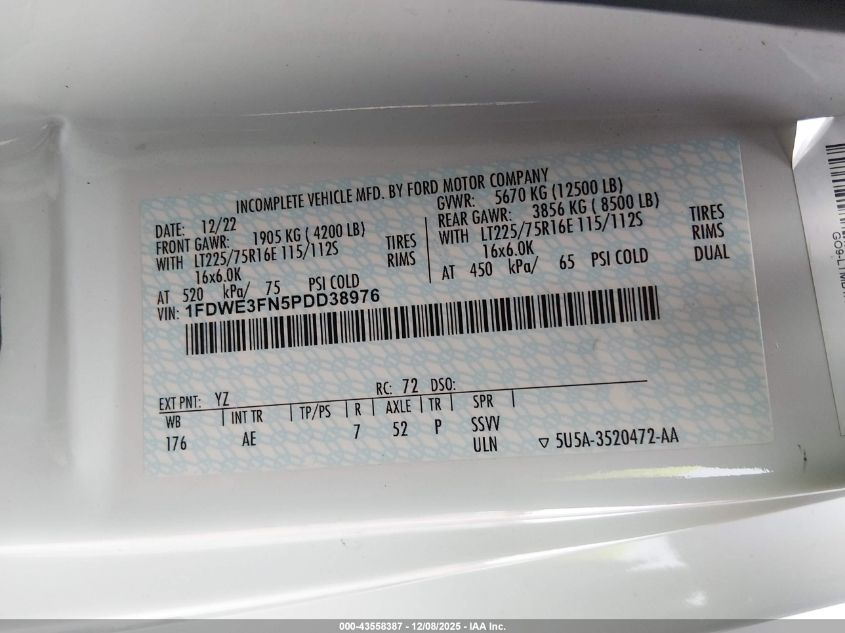 2023 Ford E-350 Cutaway VIN: 1FDWE3FN5PDD38976 Lot: 43558387