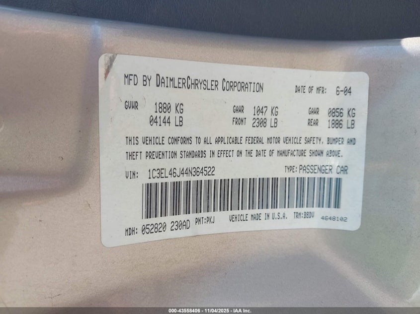 2004 Chrysler Sebring VIN: 1C3EL46J44N364522 Lot: 43558406