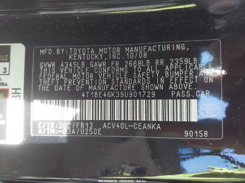 2009 Toyota Camry Le VIN: 4T1BE46K39U901729 Lot: 43558416