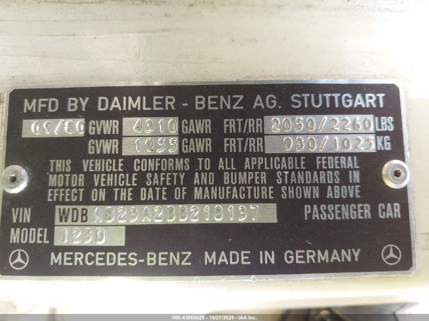 1981 Mercedes-Benz 240 D VIN: WDBAB23A2BB218137 Lot: 43558425