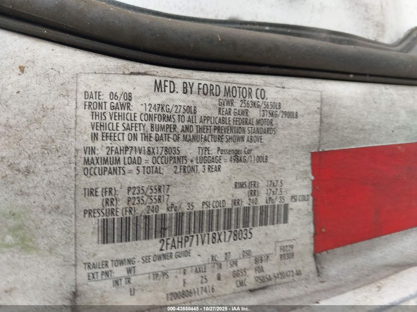 2008 Ford Crown Victoria Police/Police Interceptor VIN: 2FAHP71V18X178035 Lot: 43558445