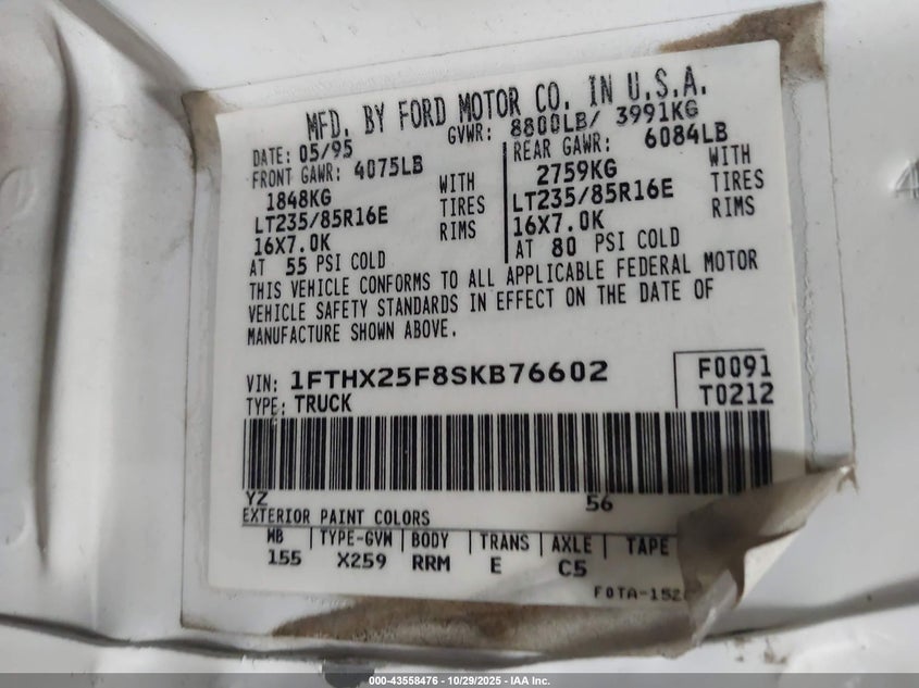 1995 Ford F250 VIN: 1FTHX25F8SKB76602 Lot: 43558476