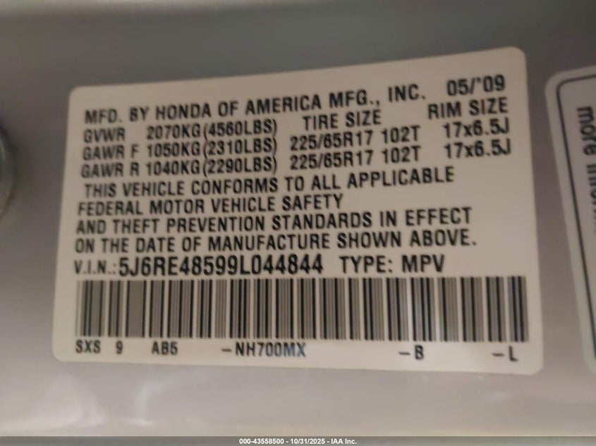 2009 Honda Cr-V Ex VIN: 5J6RE48599L044844 Lot: 43558500