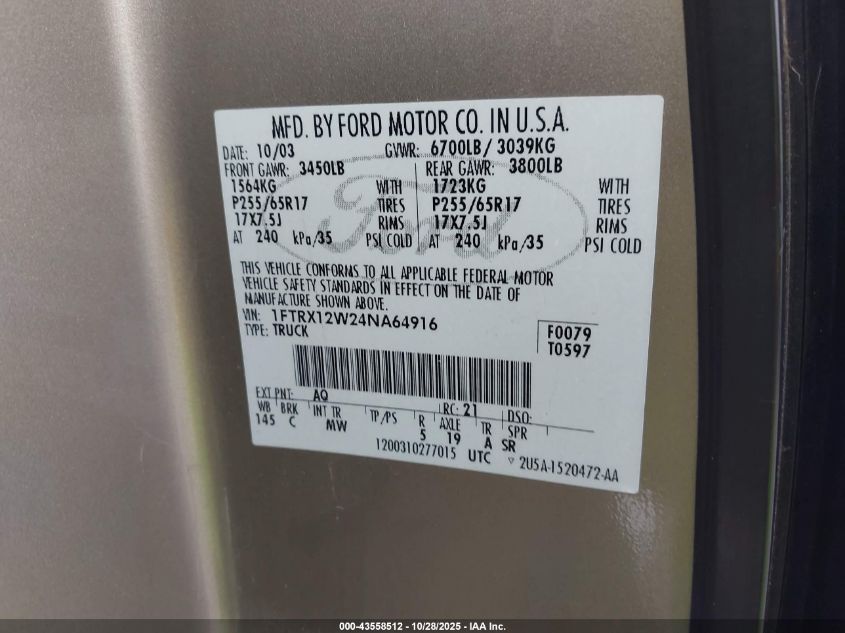 2004 Ford F-150 Stx/Xl/Xlt VIN: 1FTRX12W24NA64916 Lot: 43558512