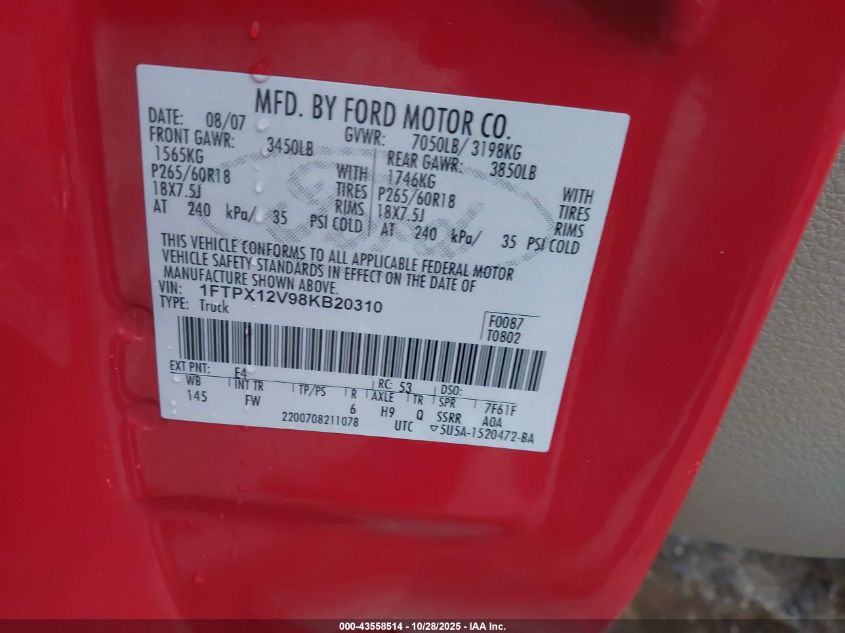2008 Ford F-150 Fx2/Lariat/Xl/Xlt VIN: 1FTPX12V98KB20310 Lot: 43558514