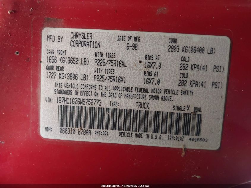 1998 Dodge Ram 1500 St VIN: 1B7HC16Z6WS752773 Lot: 43558515