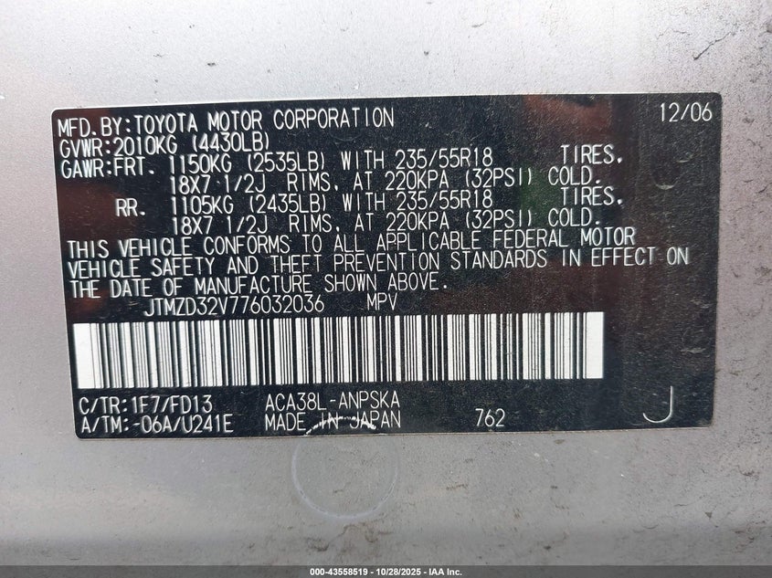 2007 Toyota Rav4 Sport VIN: JTMZD32V776032036 Lot: 43558519