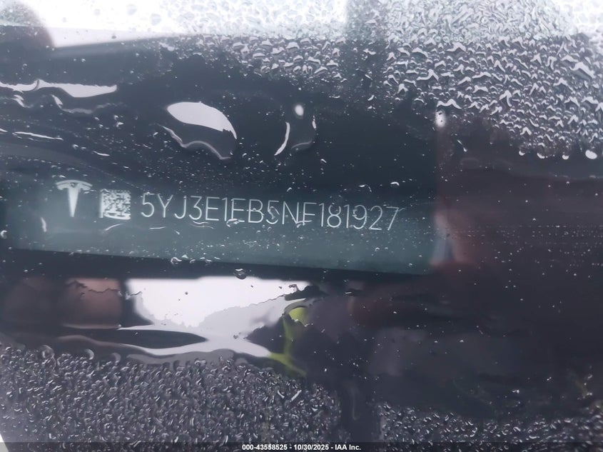 2022 Tesla Model 3 Long Range Dual Motor All-Wheel Drive VIN: 5YJ3E1EB5NF181927 Lot: 43558525