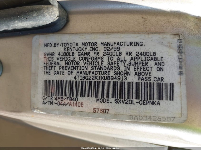 1999 Toyota Camry Le VIN: 4T1BG22K1XU894913 Lot: 43558559