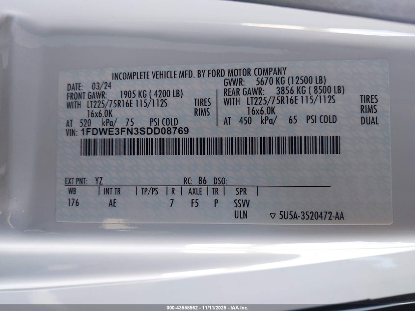 2025 Ford E-350 Cutaway VIN: 1FDWE3FN3SDD08769 Lot: 43558562