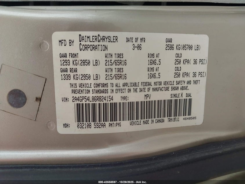 2006 Chrysler Town & Country Touring VIN: 2A4GP54L86R824154 Lot: 43558597