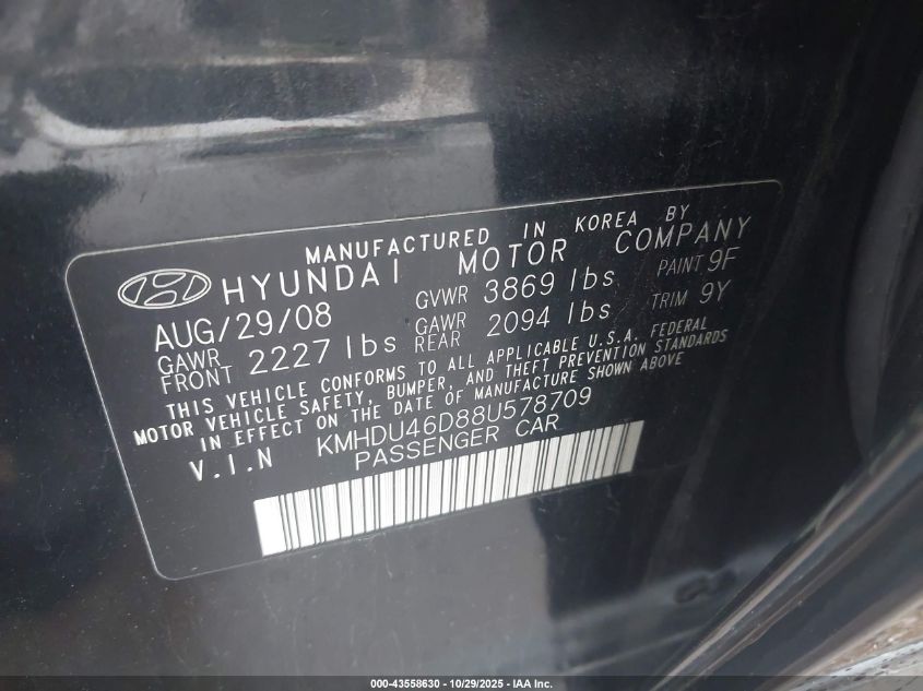 2008 Hyundai Elantra Gls/Se VIN: KMHDU46D88U578709 Lot: 43558630