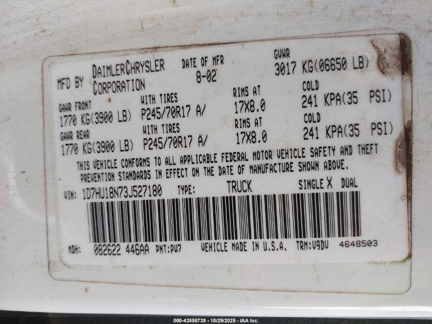 2003 Dodge Ram 1500 Slt/Laramie/St VIN: 1D7HU18N73J527180 Lot: 43558739