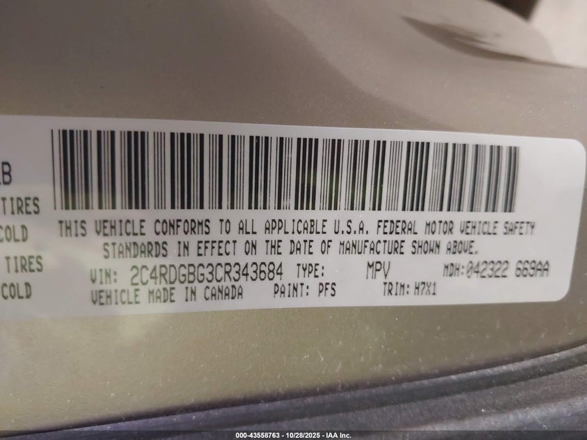 2012 Dodge Grand Caravan Se/Avp VIN: 2C4RDGBG3CR343684 Lot: 43558763