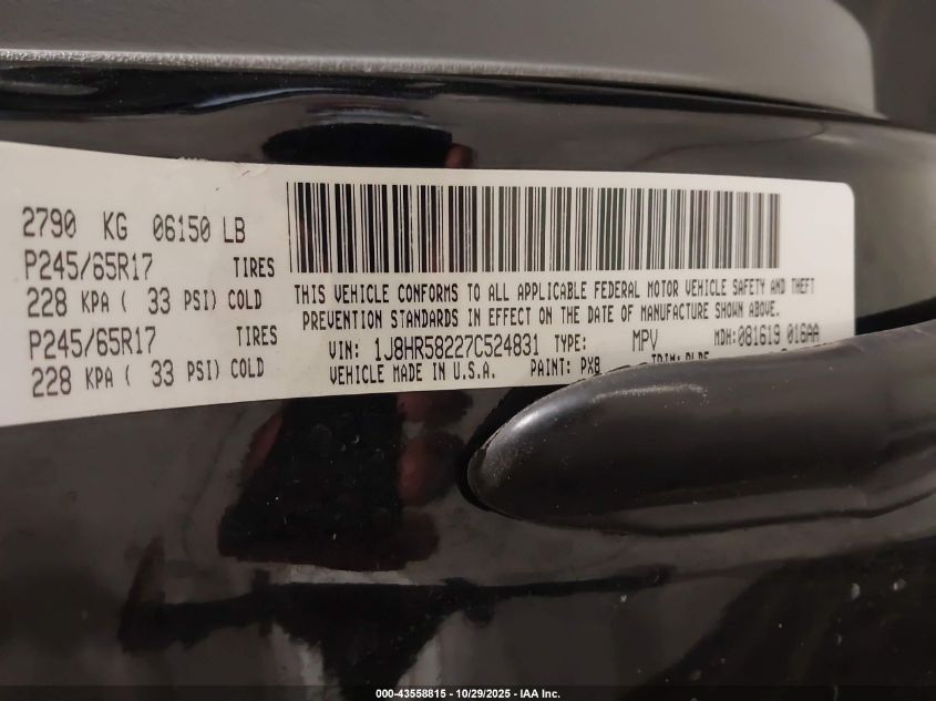 2007 Jeep Grand Cherokee Limited VIN: 1J8HR58227C524831 Lot: 43558815