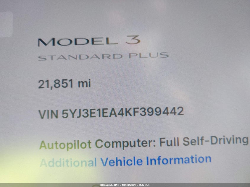2019 Tesla Model 3 VIN: 5YJ3E1EA4KF399442 Lot: 43558818